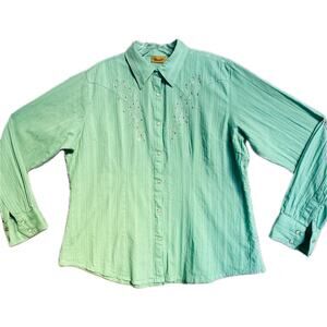 Wrangler Snap Front Cowboy Western Shirt Women XL Embroidered Sequins Blue Green